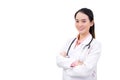 Professional young Asian woman doctor wearing white robe and stethoscope standing with arms crossed happy and smile at examination Royalty Free Stock Photo