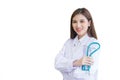 Professional young Asian woman doctor wearing white robe and stethoscope standing with arms crossed happy and smile at examination Royalty Free Stock Photo