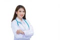 Professional young Asian woman doctor wearing white robe and stethoscope standing with arms crossed happy and smile at examination Royalty Free Stock Photo