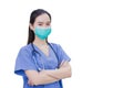 Professional young Asian woman doctor wears medical blue uniform while standing confidently smiling and shows her hand to present Royalty Free Stock Photo