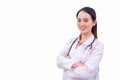 Professional young Asian woman doctor wears medical coat while standing confidently smiling and shows her hand to present Royalty Free Stock Photo