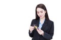 Professional young Asian woman office worker is choosing credit cards to use pay goods it is financial choice easy pay while Royalty Free Stock Photo