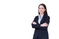 Professional young business Asian working woman who wears black formal suit with blue shirt while she arm crossing and smiling Royalty Free Stock Photo