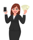 Professional young businesswoman showing/holding new latest mobile, cell, smartphone & cash/money/currency banking notes. Modern.