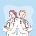 Professional young male and female doctor character standing with arms crossed smiling looking up for decoration. Hand drawn style