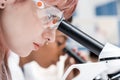 Professional young scientists working with microscopes in chemical laboratory Royalty Free Stock Photo