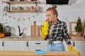 Professional young woman wearing rubber protective yellow gloves holding bottle cleaners in the kitchen. Royalty Free Stock Photo
