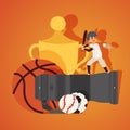 Professional zoom photo lens for camera banner vector illustration. Taking photos or videos of different kinds of sport