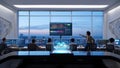 Professionals analyzing data in a high-tech control room overlooking a city skyline Royalty Free Stock Photo
