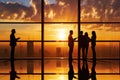 professionals in a modern office silhouetted against a sunset-filled window. Reflective floor. Mood: serious corporate