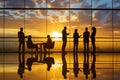 professionals in a modern office, silhouetted against a sunset window. Reflective floor. Contemplative mood, implying