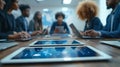 Professionals using collaborative software across devices for enhanced productivity and communication. Royalty Free Stock Photo