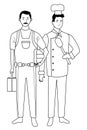 Professionals workers couple smiling cartoons in black and white