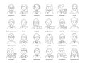 Professions avatars. Medic teacher waiter stewardess judge advocate manager builder male and female vector linear icons
