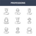 9 professions icons pack. trendy professions icons on white background. thin outline line icons such as astronaut, farmer, priest