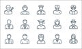 Professions line icons. linear set. quality vector line set such as call agent, nurse, manager, businessman, student, teacher, nun