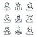 Professions line icons. linear set. quality vector line set such as employee, writer, miner, scholar, teacher, firefighter,