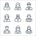 professions line icons. linear set. quality vector line set such as call agent, stewardess, bellboy, magician, spy, employee, spy