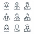 Professions line icons. linear set. quality vector line set such as captain, babysitter, nurse, doctor, journalist, nanny,