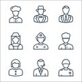 Professions line icons. linear set. quality vector line set such as courier, student, baker, firefighter, stewardess, lawyer,