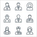 professions line icons. linear set. quality vector line set such as employee, policeman, call agent, doctor, teacher, firefighter Royalty Free Stock Photo