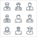 Professions line icons. linear set. quality vector line set such as graduate, robber, nun, bellboy, student, pharmacist, manager,