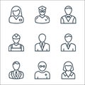 professions line icons. linear set. quality vector line set such as maid, nurse, lawyer, businessman, teacher, miner, butler, taxi