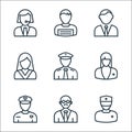 Professions line icons. linear set. quality vector line set such as nurse, teacher, police officer, nurse, pilot, model, lawyer,