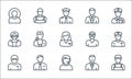 professions line icons. linear set. quality vector line set such as plumber, call agent, nurse, manager, manager, teacher, robber