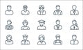 Professions line icons. linear set. quality vector line set such as priest, employee, nun, plumber, pilot, manager, butler, robber