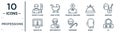 professions linear icon set. includes thin line cricket player, financial manager, musician, orthodontist, boxer, dj, graphic de