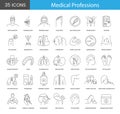 Professions in medicine a set of line icons in vector includes cardiac surgeon and andrologist, podiatrist and