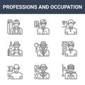 9 professions and occupation icons pack. trendy professions and occupation icons on white background. thin outline line icons such