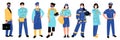 Professions people. Different professional characters, various staff in uniform, workers in medical masks. Standing