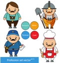 Professions set. Photographer, miner, postman, cook chef characters in cartoon style. vector illustration