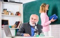 Professor biologist or chemist teaching student. Educational activity. Biology science. Student study. Educator and Royalty Free Stock Photo