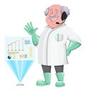 Professor cartoon character standing near holographic projection.