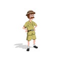 Professor in cartoon style. Image of hunter in isometric view. Drawing of jungle researcher