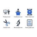 Professor, Conference, Alarm clock, Scissors, Microscope, Exam grade, icon Royalty Free Stock Photo