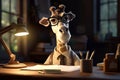 Professor giraffe is doing scientific project at work in the evening. Generative AI Royalty Free Stock Photo