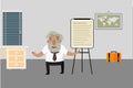 Professor-historian in the room. Flip chart. Animated character.. Vector illustration. Cartoon character. Royalty Free Stock Photo