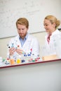 Professor hold and studying molecular model with his female coll Royalty Free Stock Photo