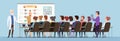 Professor lecturer. Doctor training group speech for students audience vector cartoon background