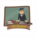 Professor near the blackboard with formulas at university lecture, teacher in class at lesson teaches students, higher