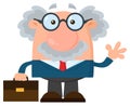 Professor Or Scientist Cartoon Character With Briefcase Waving