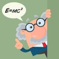 Professor Or Scientist Cartoon Character Looking Around Corner With Speech Bubble And Einstein Formula.