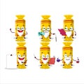 Professor yellow long candy package academic cartoon character working on laboratory