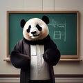 A professorial panda in academic attire, teaching in front of a small chalkboard2