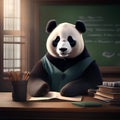 A professorial panda in academic attire, teaching in front of a small chalkboard3