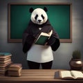 A professorial panda in academic robes, lecturing in front of a tiny chalkboard4